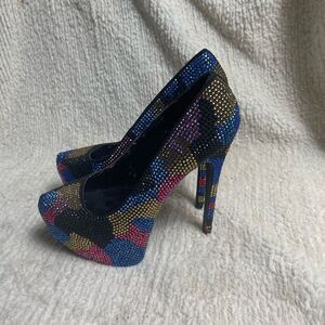 Steve Madden Dyvinal Rhinestones Multi Color slip on platform heels SZ8.5